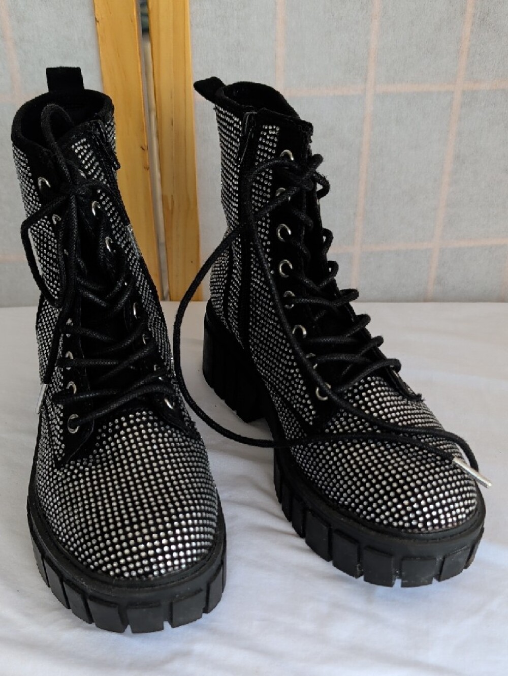 Madden NYC Black Rhinestone Lace-Up Combat Booties with Chunky Lug Sole - Picture 3 of 6